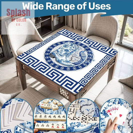 Asian Chinoiserie Floral Dragon And Cowboy Boot Blue And White Mahjong Mat - 31.5’’x31.5’’ - Daily Accessories
