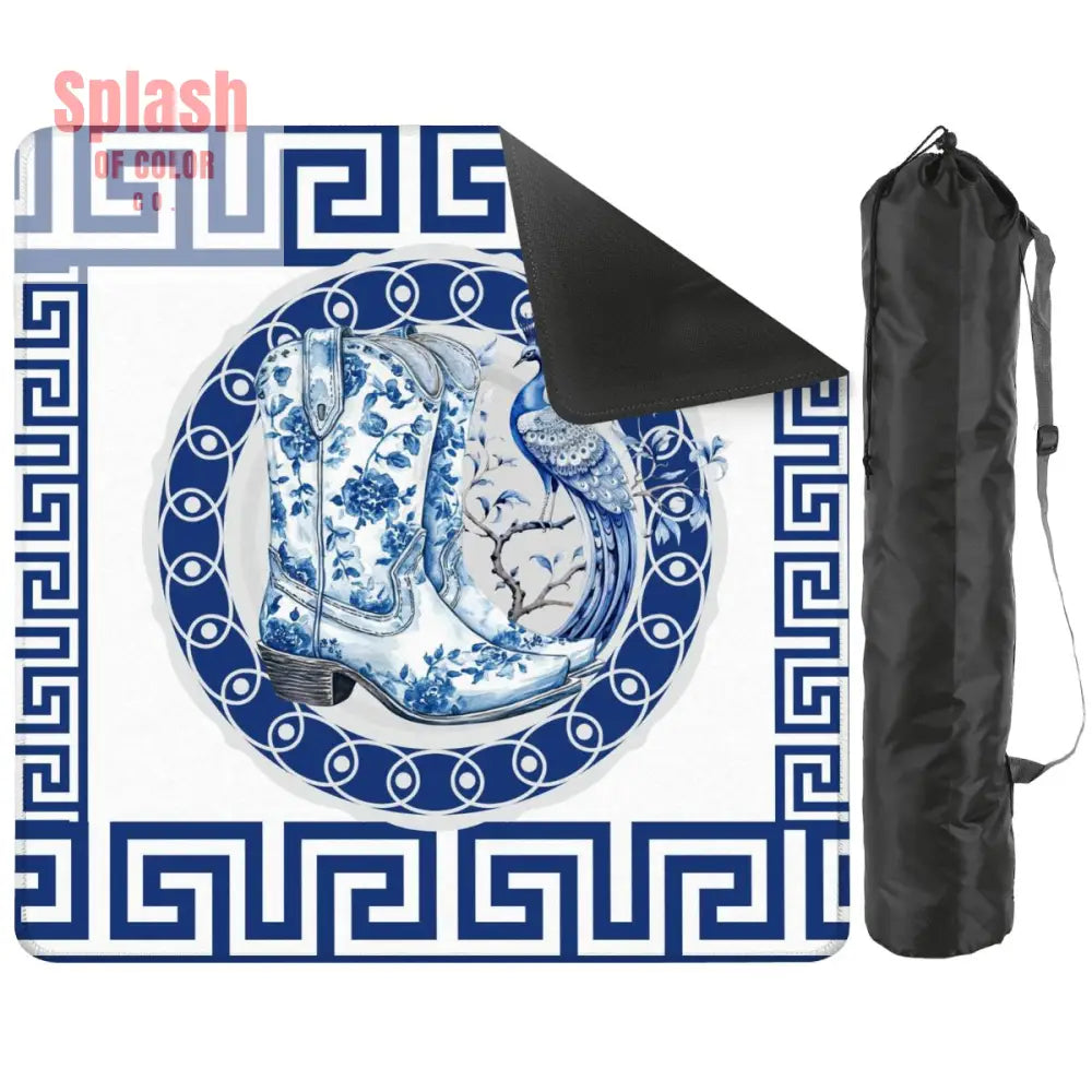 Asian Chinoiserie Floral Dragon And Cowboy Boot Blue And White Mahjong Mat - 31.5’’x31.5’’ - Daily Accessories