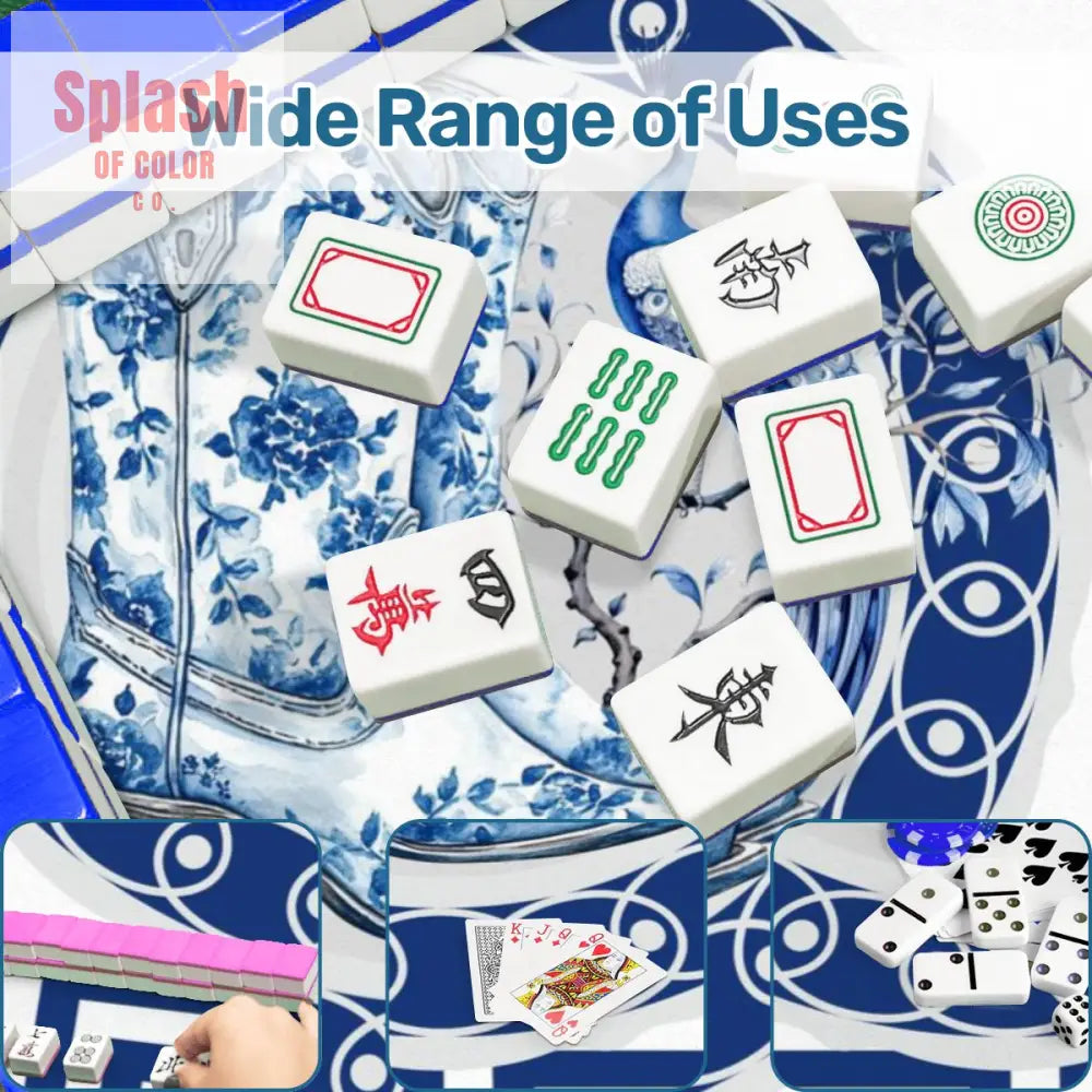 Asian Chinoiserie Floral Dragon And Cowboy Boot Blue And White Mahjong Mat - 31.5’’x31.5’’ - Daily Accessories
