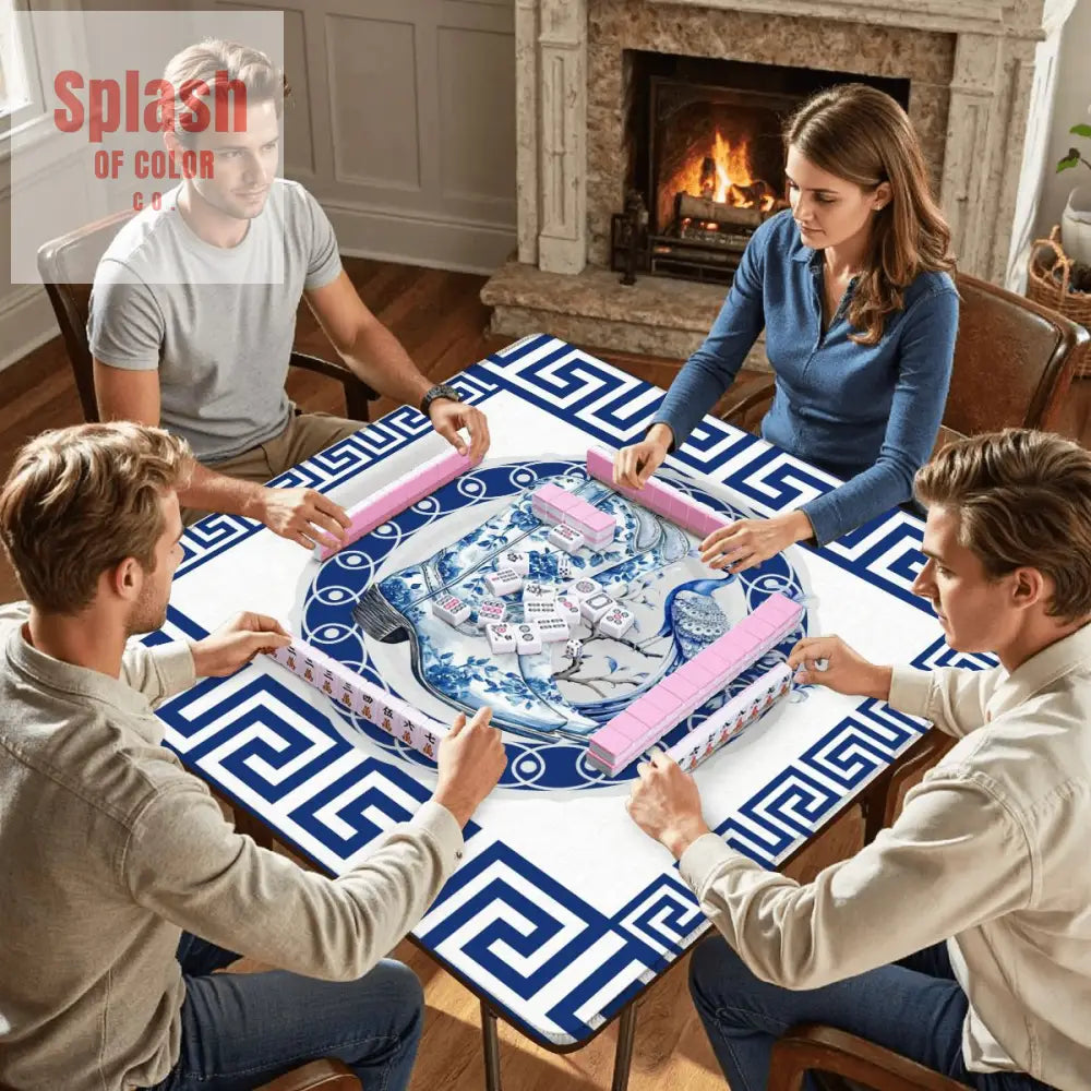 Asian Chinoiserie Floral Dragon And Cowboy Boot Blue And White Mahjong Mat - 31.5’’x31.5’’ - Daily Accessories