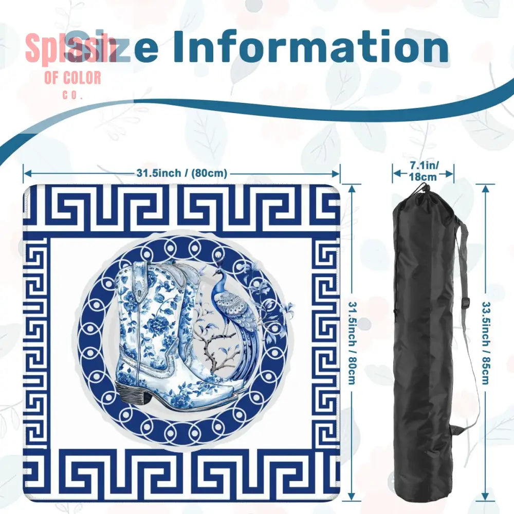 Asian Chinoiserie Floral Dragon And Cowboy Boot Blue And White Mahjong Mat - 31.5’’x31.5’’ - Daily Accessories