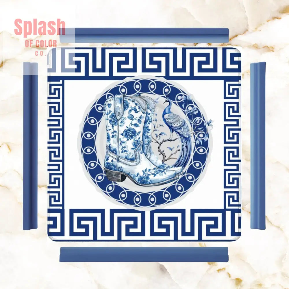 Asian Chinoiserie Floral Dragon And Cowboy Boot Blue And White Mahjong Mat - 31.5’’x31.5’’ - Daily Accessories