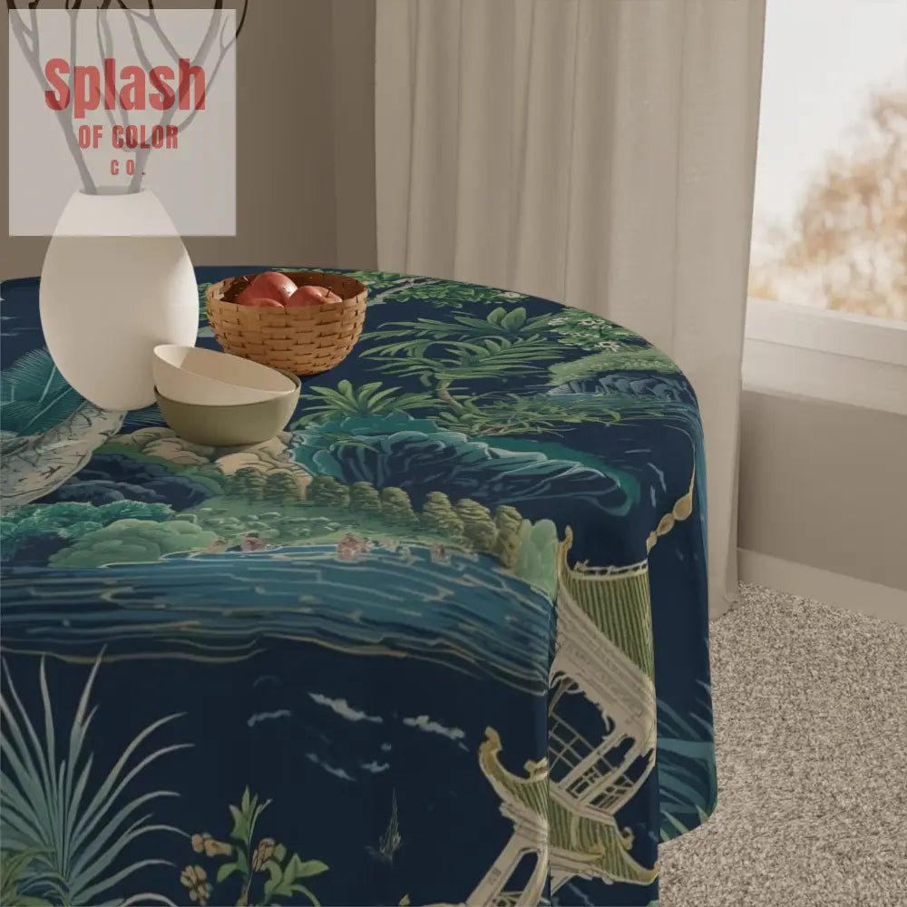 Asian Chinoiserie Pagoda, Blue Green Serene Nature Tablecloth - Splash of Color co.