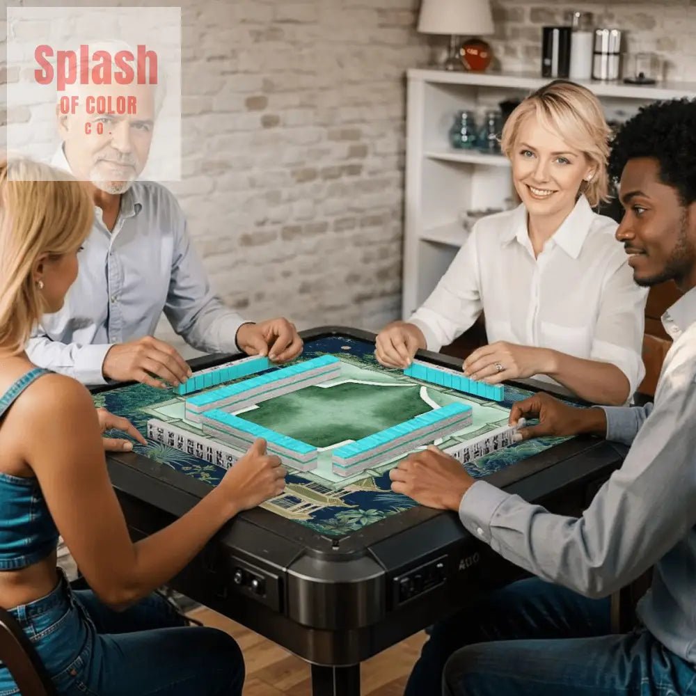 Asian Chinoiserie Tranquil Zen Pagoda Floral Mahjong Mat In Blue And Green - Splash of Color co.