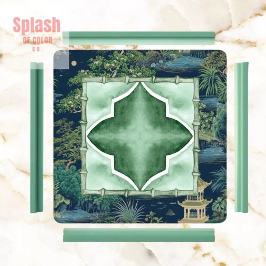 Asian Chinoiserie Tranquil Zen Pagoda Floral Mahjong Mat In Blue And Green - Splash of Color co.