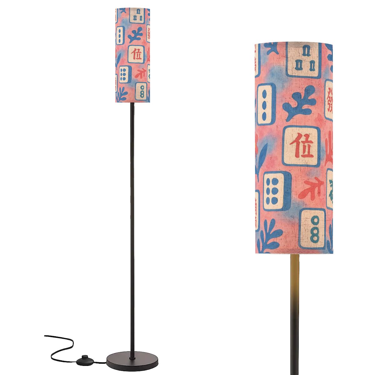 Asian Designed Mahjong Tiles Floral Pink Baby Blue Slim Corner Reading Floor Lamp - One Size - Floor Lamps