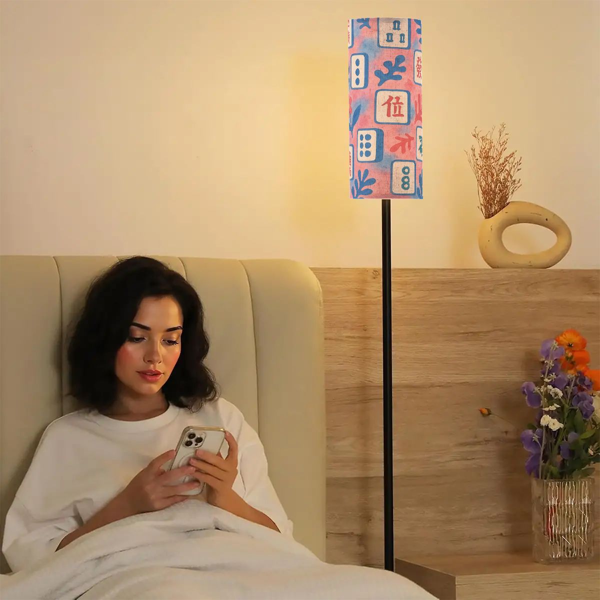 Asian Designed Mahjong Tiles Floral Pink Baby Blue Slim Corner Reading Floor Lamp - One Size - Floor Lamps