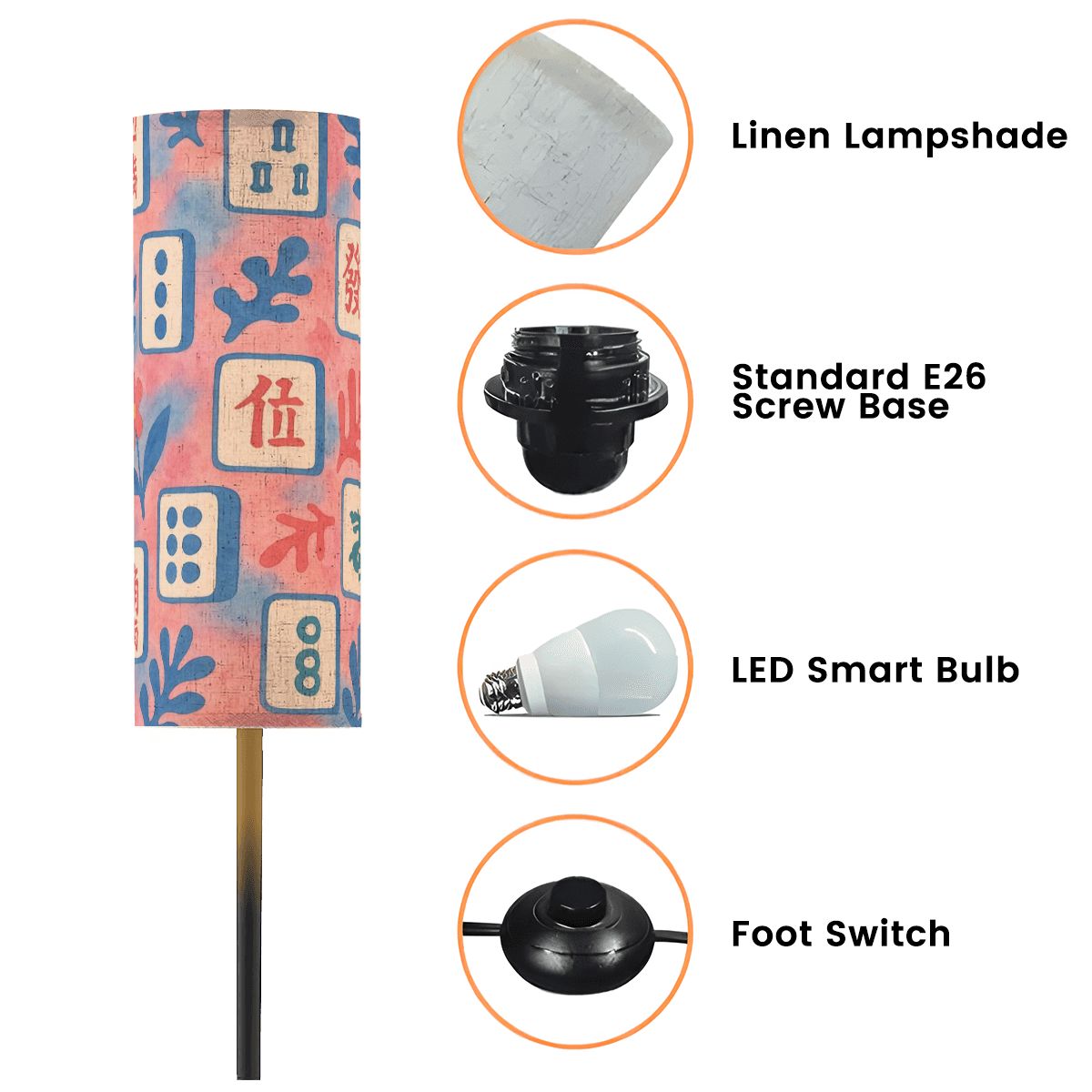 Asian Designed Mahjong Tiles Floral Pink Baby Blue Slim Corner Reading Floor Lamp - One Size - Floor Lamps