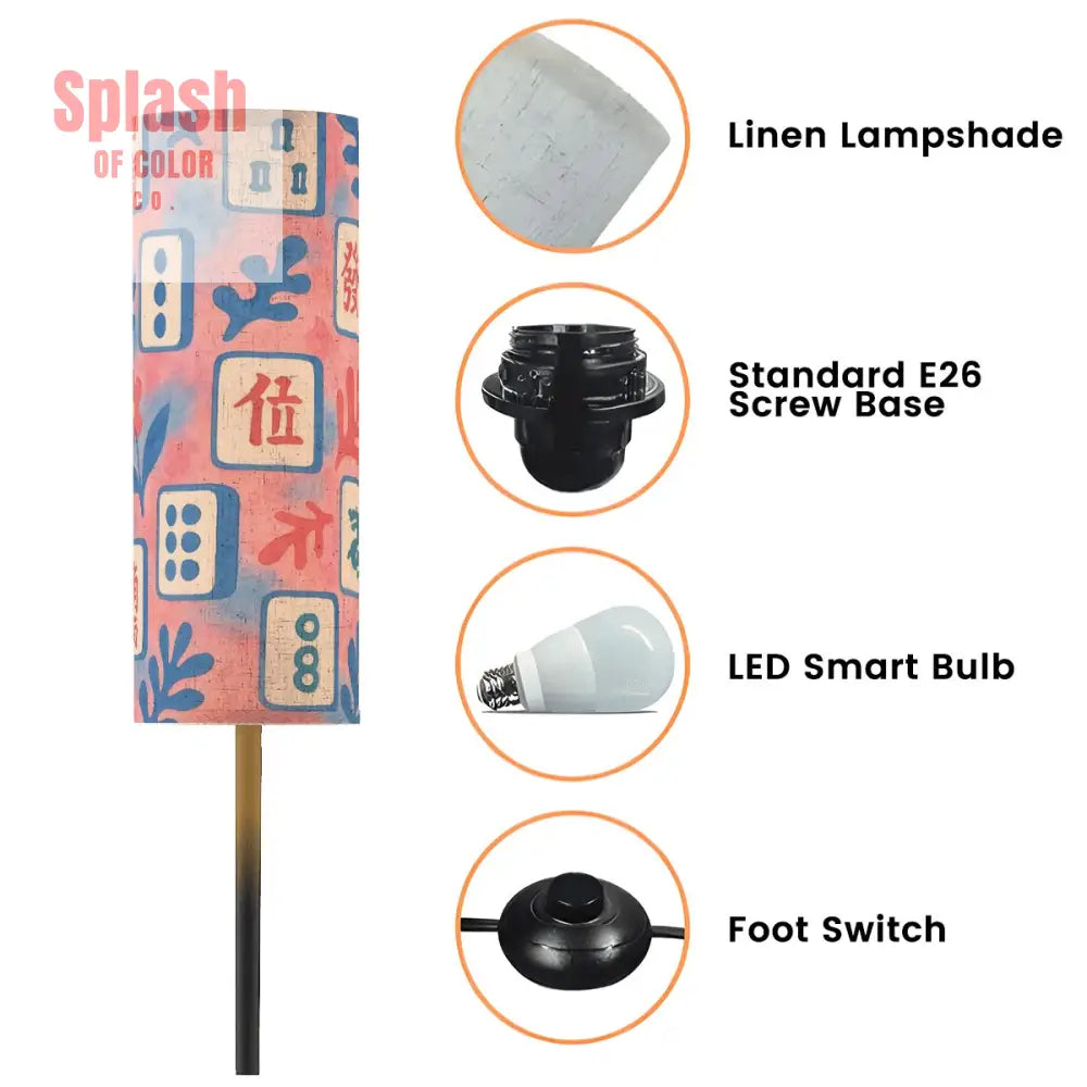 Asian Designed Mahjong Tiles Floral Pink Baby Blue Slim Corner Reading Floor Lamp - One Size - Floor Lamps