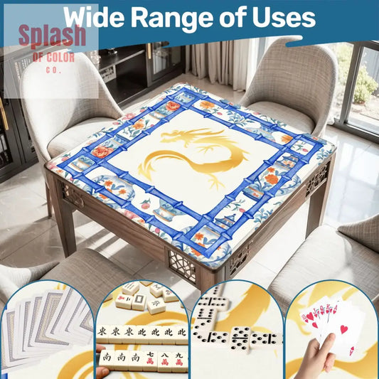 Asian Dragon Chinoiserie Designed Blue White Mahjong Mat - 31.5’’x31.5’’ - Daily Accessories
