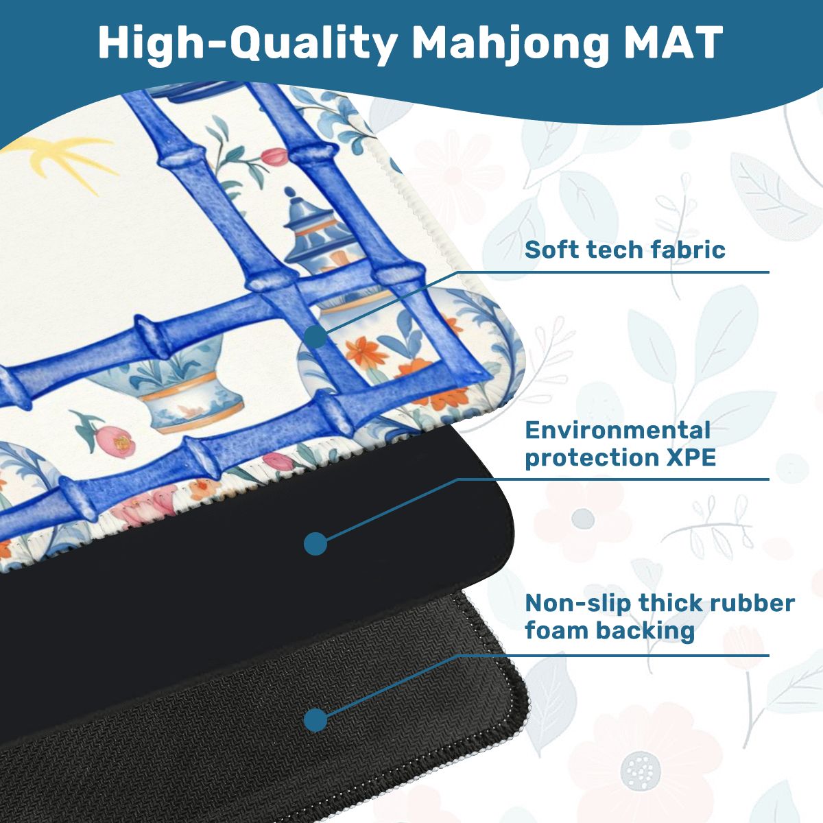 Asian Dragon Chinoiserie Designed Blue White Mahjong Mat - 31.5’’x31.5’’ - Daily Accessories