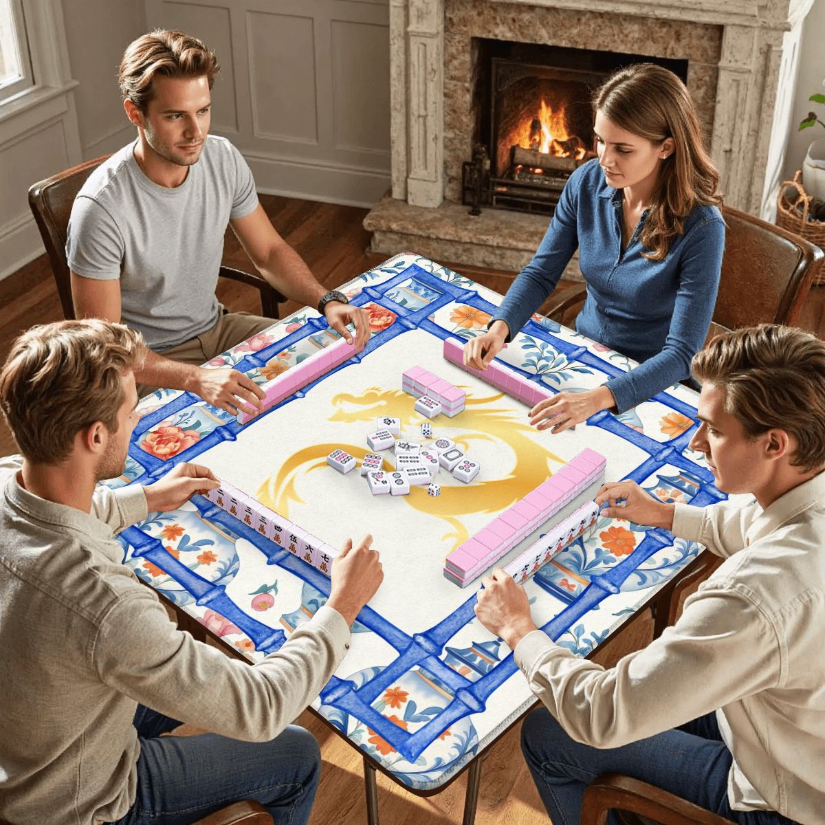 Asian Dragon Chinoiserie Designed Blue White Mahjong Mat - 31.5’’x31.5’’ - Daily Accessories