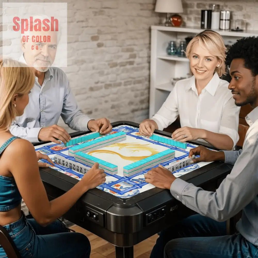 Asian Dragon Chinoiserie Designed Blue White Mahjong Mat - 31.5’’x31.5’’ - Daily Accessories