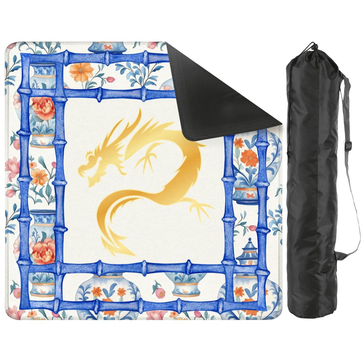 Asian Dragon Chinoiserie Designed Blue White Mahjong Mat - 31.5’’x31.5’’ - Daily Accessories