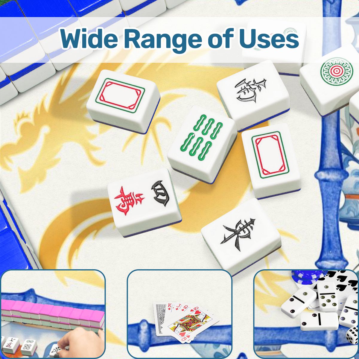 Asian Dragon Chinoiserie Designed Blue White Mahjong Mat - 31.5’’x31.5’’ - Daily Accessories