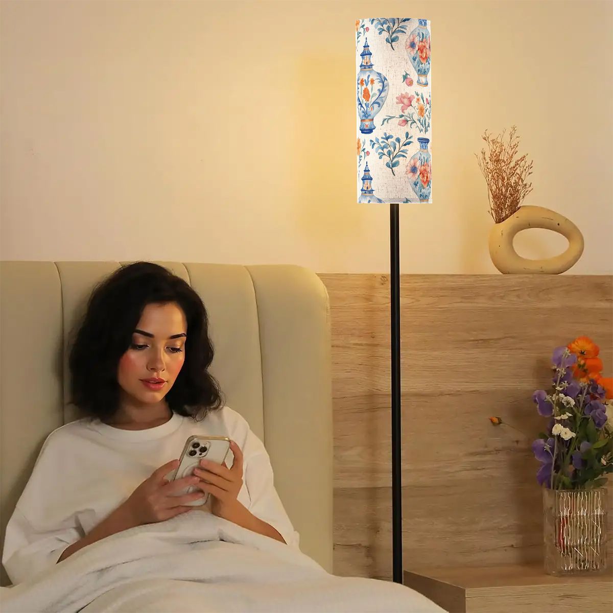 Asian Floral Chinoiserie Blue Orange Pink Vase Elegant Reading Nook Floor Lamp - One Size - Floor Lamps
