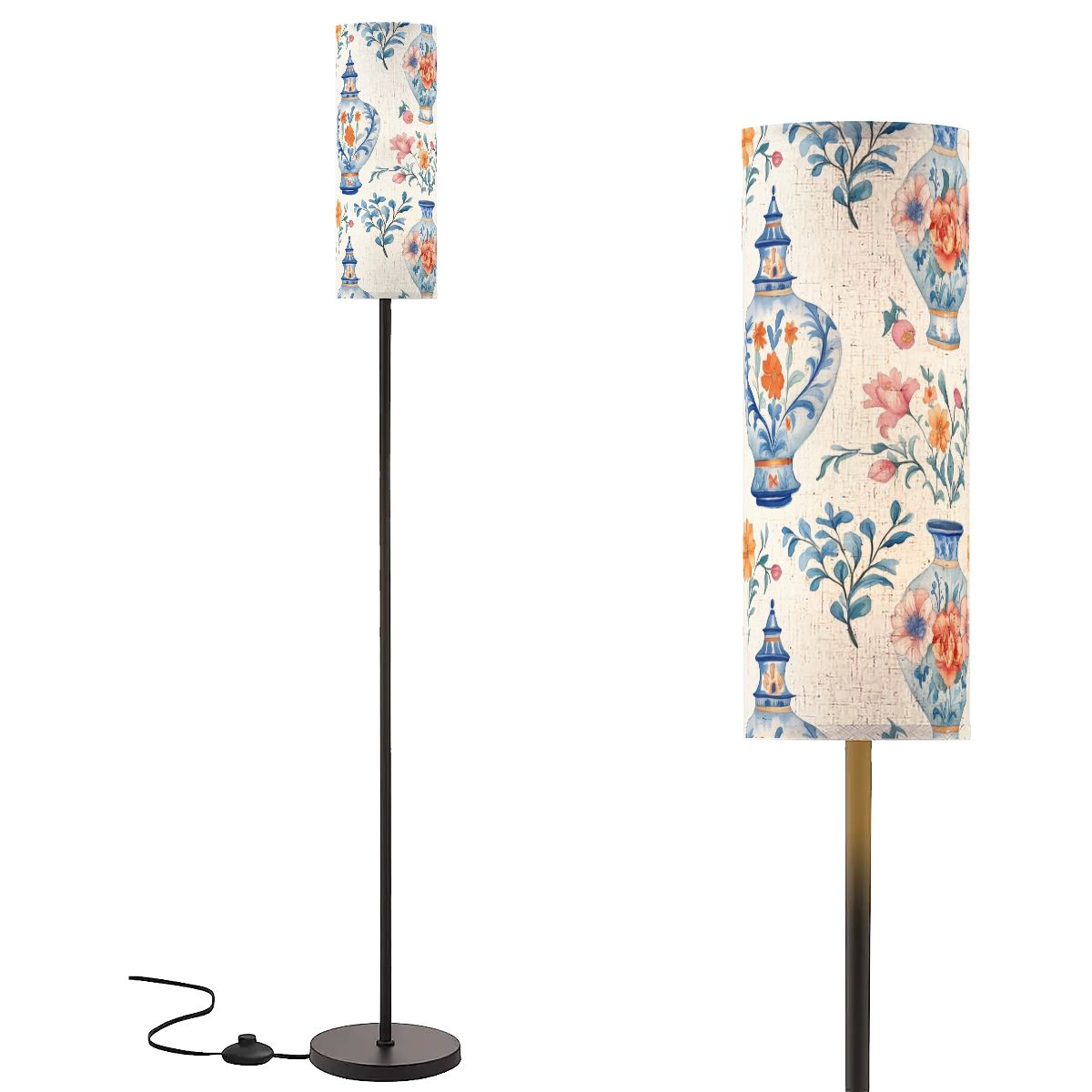 Asian Floral Chinoiserie Blue Orange Pink Vase Elegant Reading Nook Floor Lamp - One Size - Floor Lamps