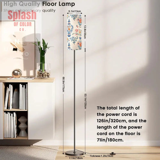 Asian Floral Chinoiserie Blue Orange Pink Vase Elegant Reading Nook Floor Lamp - One Size - Floor Lamps