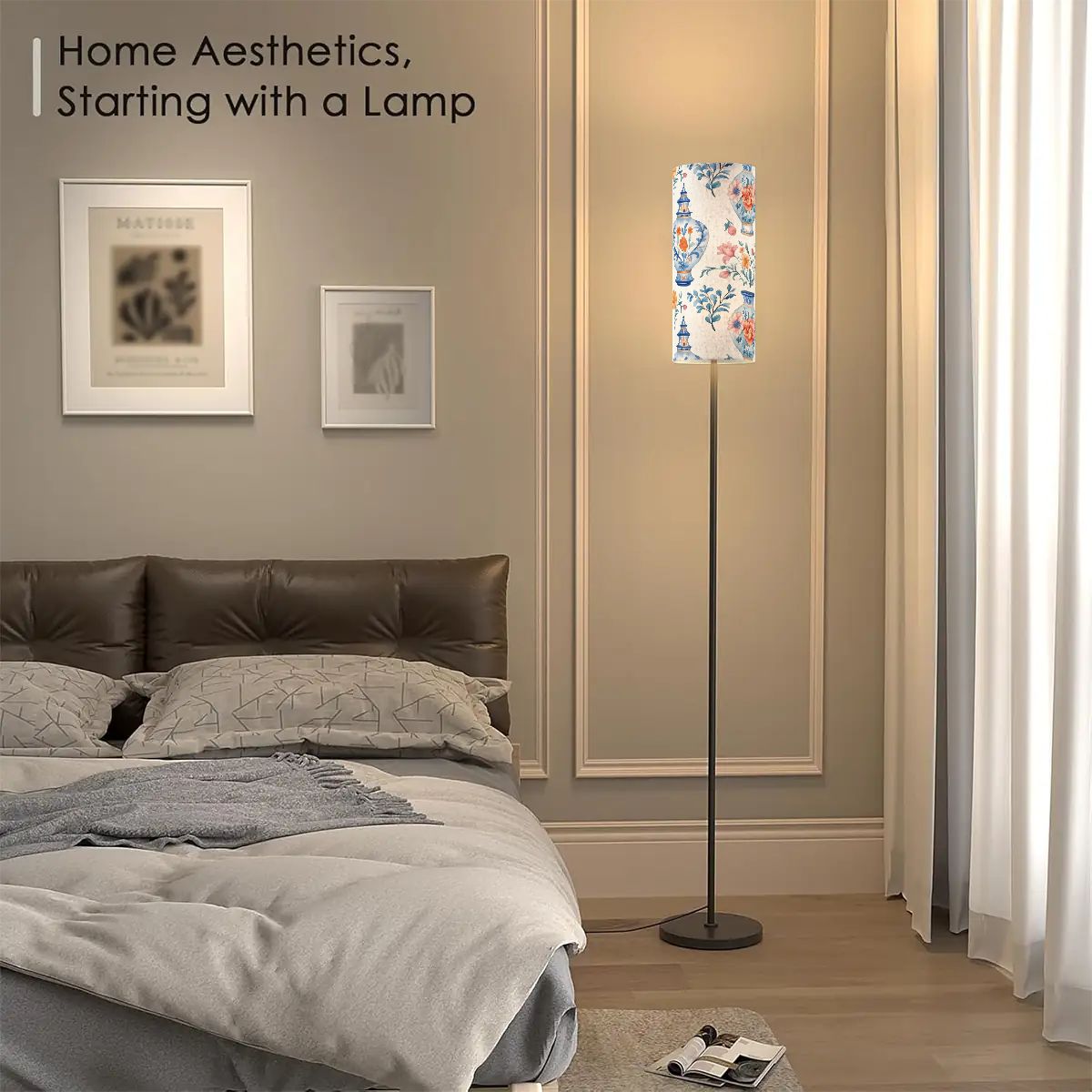 Asian Floral Chinoiserie Blue Orange Pink Vase Elegant Reading Nook Floor Lamp - One Size - Floor Lamps
