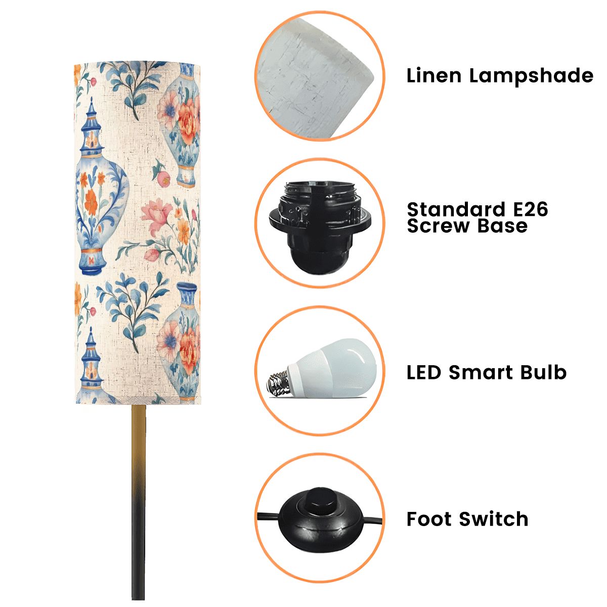 Asian Floral Chinoiserie Blue Orange Pink Vase Elegant Reading Nook Floor Lamp - One Size - Floor Lamps