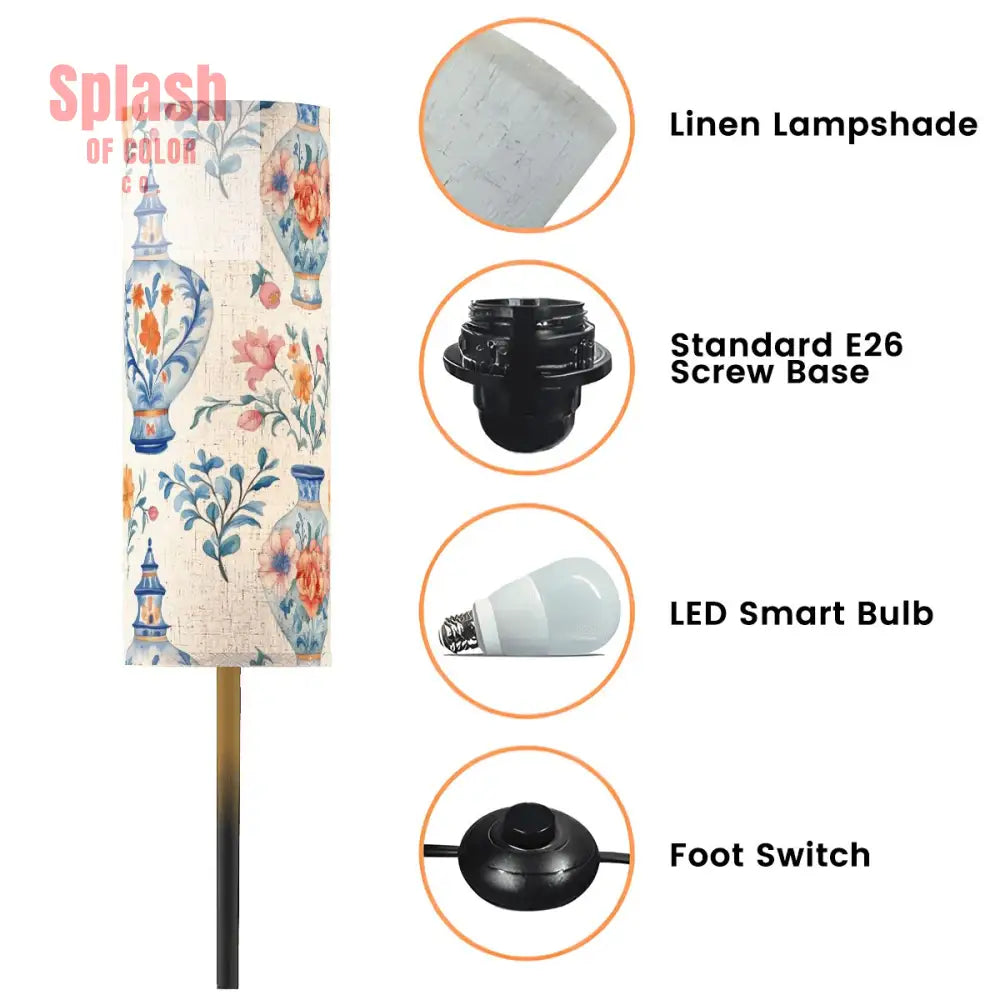 Asian Floral Chinoiserie Blue Orange Pink Vase Elegant Reading Nook Floor Lamp - One Size - Floor Lamps