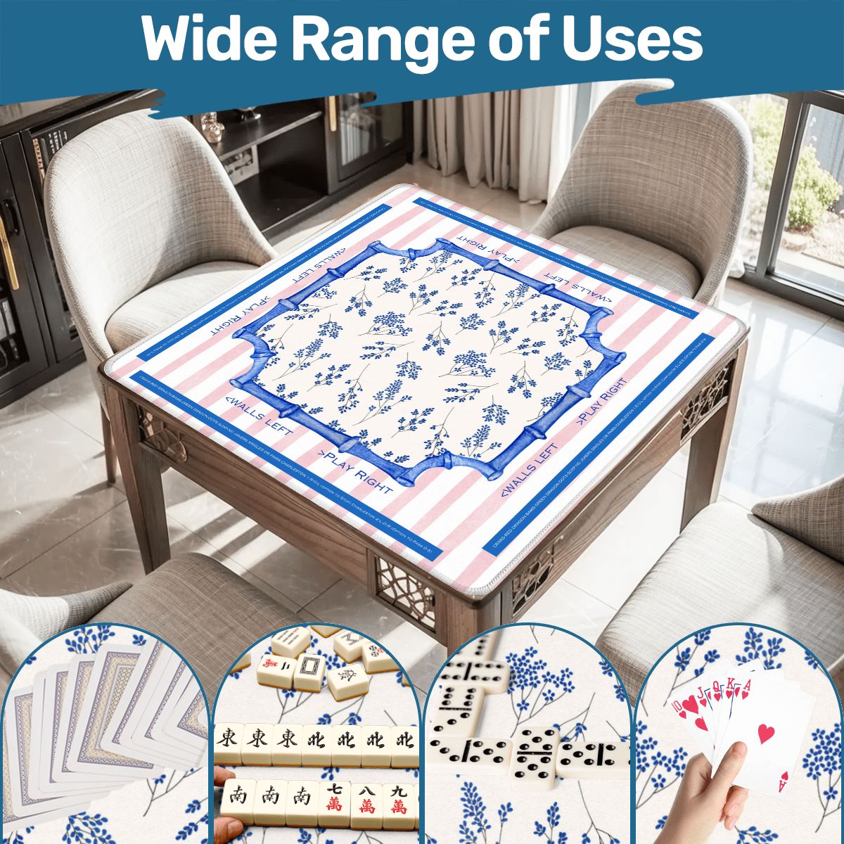 Asian Floral Mahjong Mat Learning Mat With Instructions Preppy Pink Striped - 31.5’’x31.5’’ - Daily Accessories
