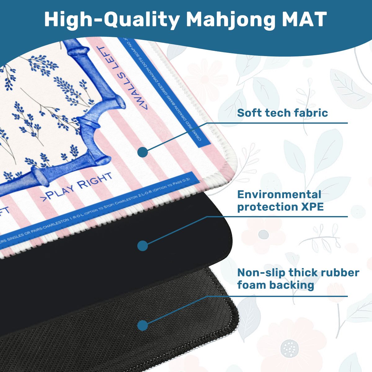 Asian Floral Mahjong Mat Learning Mat With Instructions Preppy Pink Striped - 31.5’’x31.5’’ - Daily Accessories