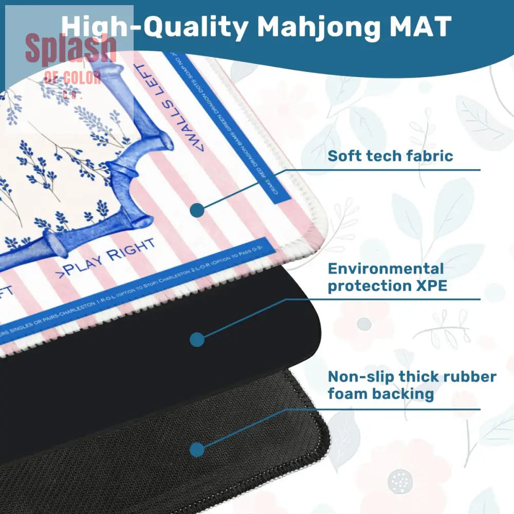 Asian Floral Mahjong Mat Learning Mat With Instructions Preppy Pink Striped - 31.5’’x31.5’’ - Daily Accessories