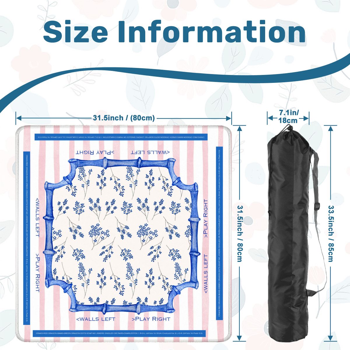 Asian Floral Mahjong Mat Learning Mat With Instructions Preppy Pink Striped - 31.5’’x31.5’’ - Daily Accessories