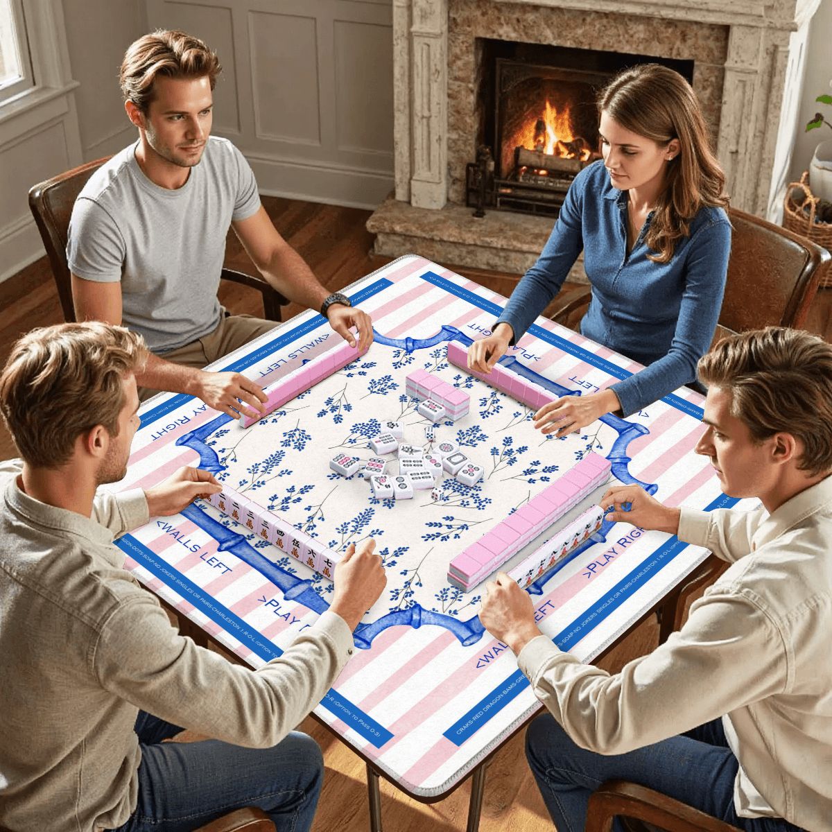 Asian Floral Mahjong Mat Learning Mat With Instructions Preppy Pink Striped - 31.5’’x31.5’’ - Daily Accessories