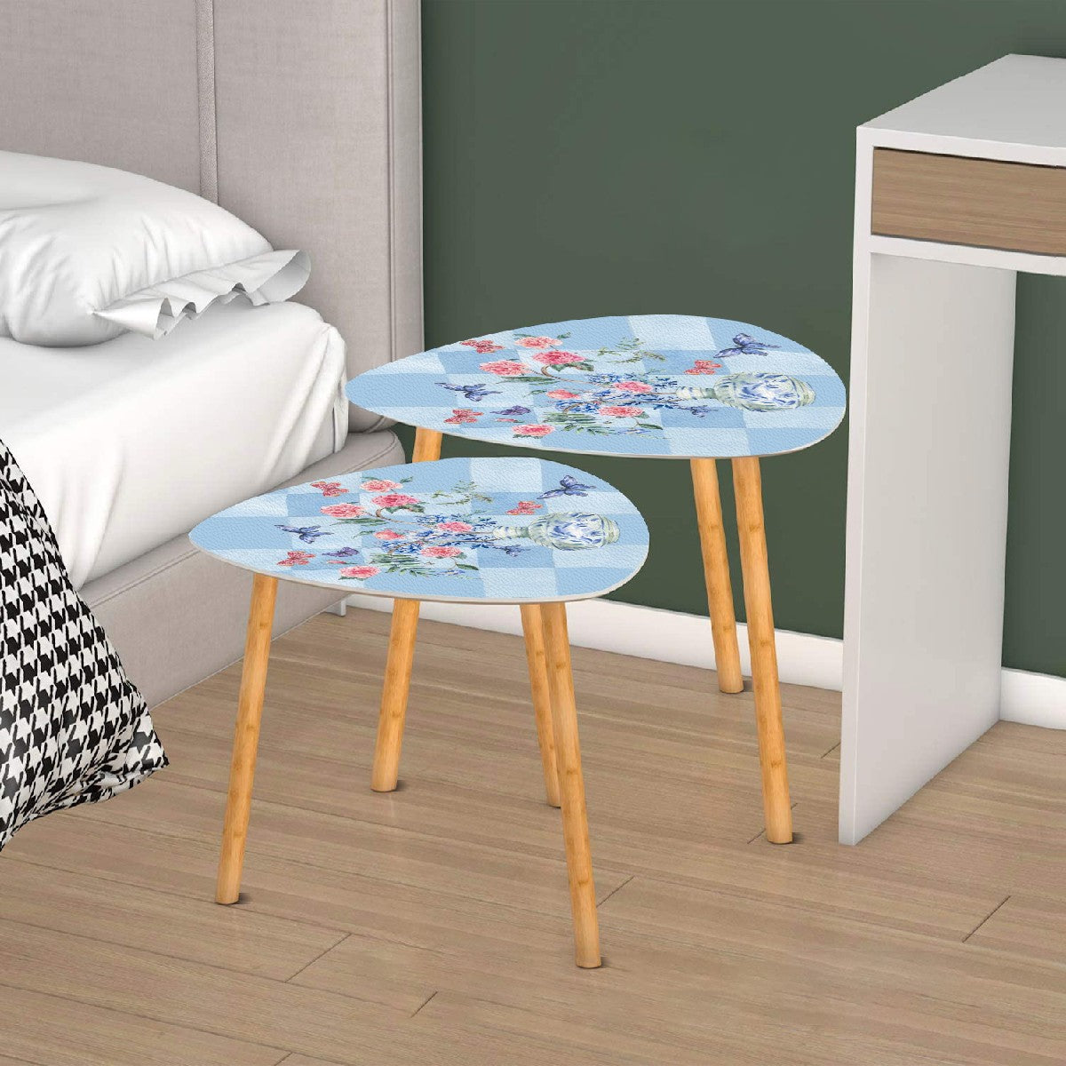 Asian Garden Zen Blue Floral Butterfly Modern Nesting Triangle Coffee Table Set of 2 - One Size - Home Accessories