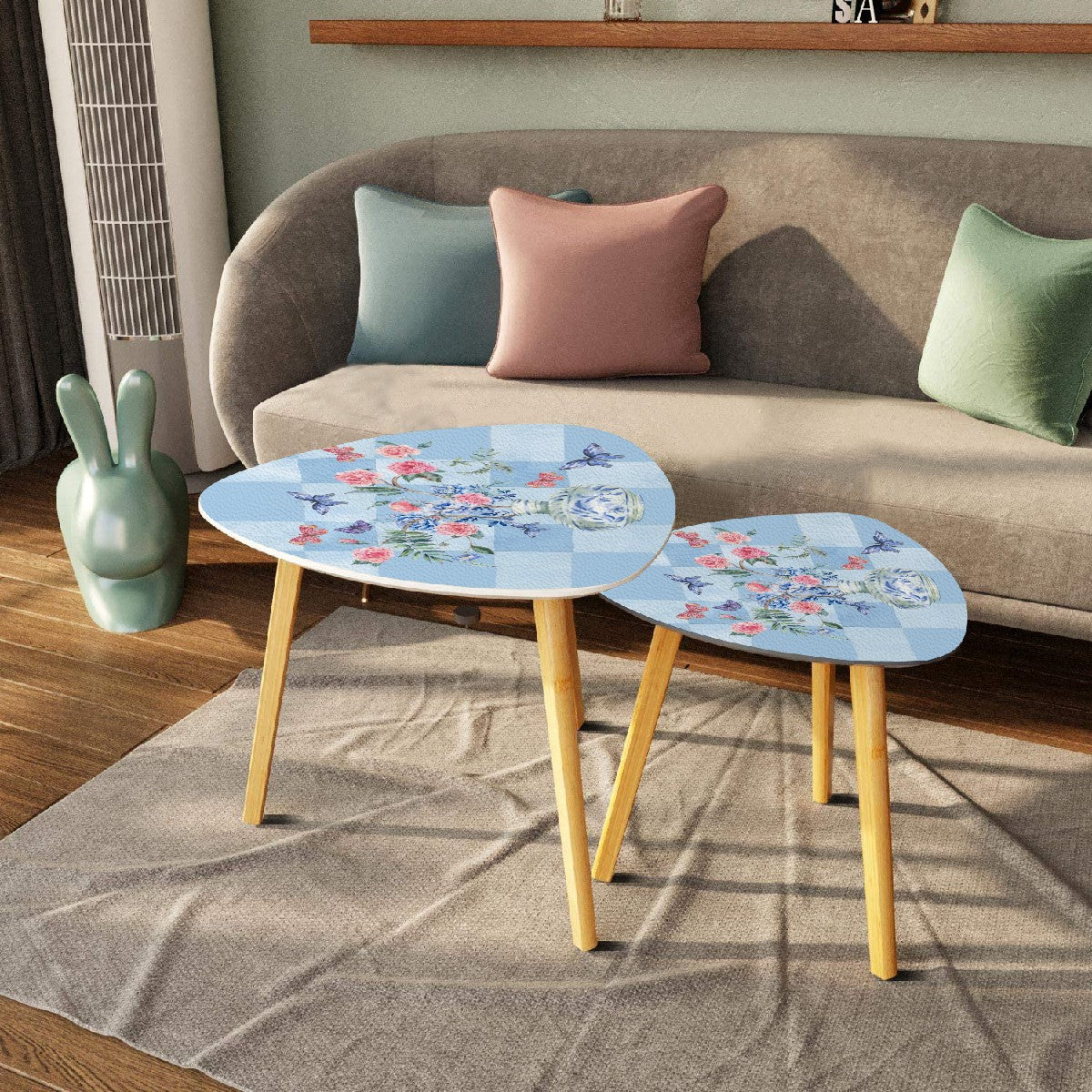 Asian Garden Zen Blue Floral Butterfly Modern Nesting Triangle Coffee Table Set of 2 - One Size - Home Accessories