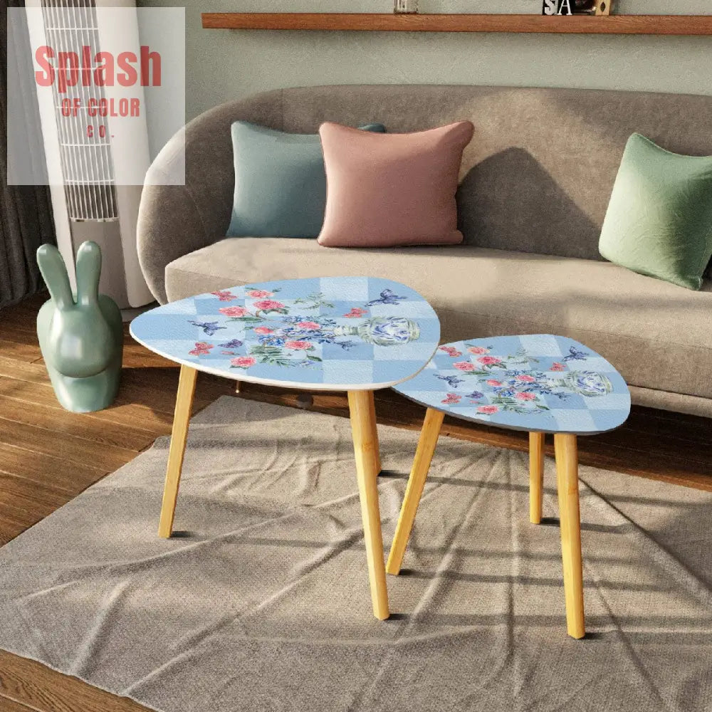 Asian Garden Zen Blue Floral Butterfly Modern Nesting Triangle Coffee Table Set of 2 - One Size - Home Accessories