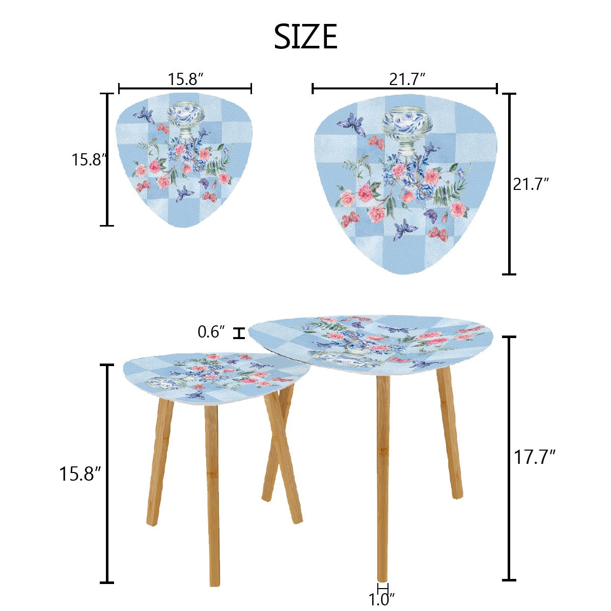 Asian Garden Zen Blue Floral Butterfly Modern Nesting Triangle Coffee Table Set of 2 - One Size - Home Accessories