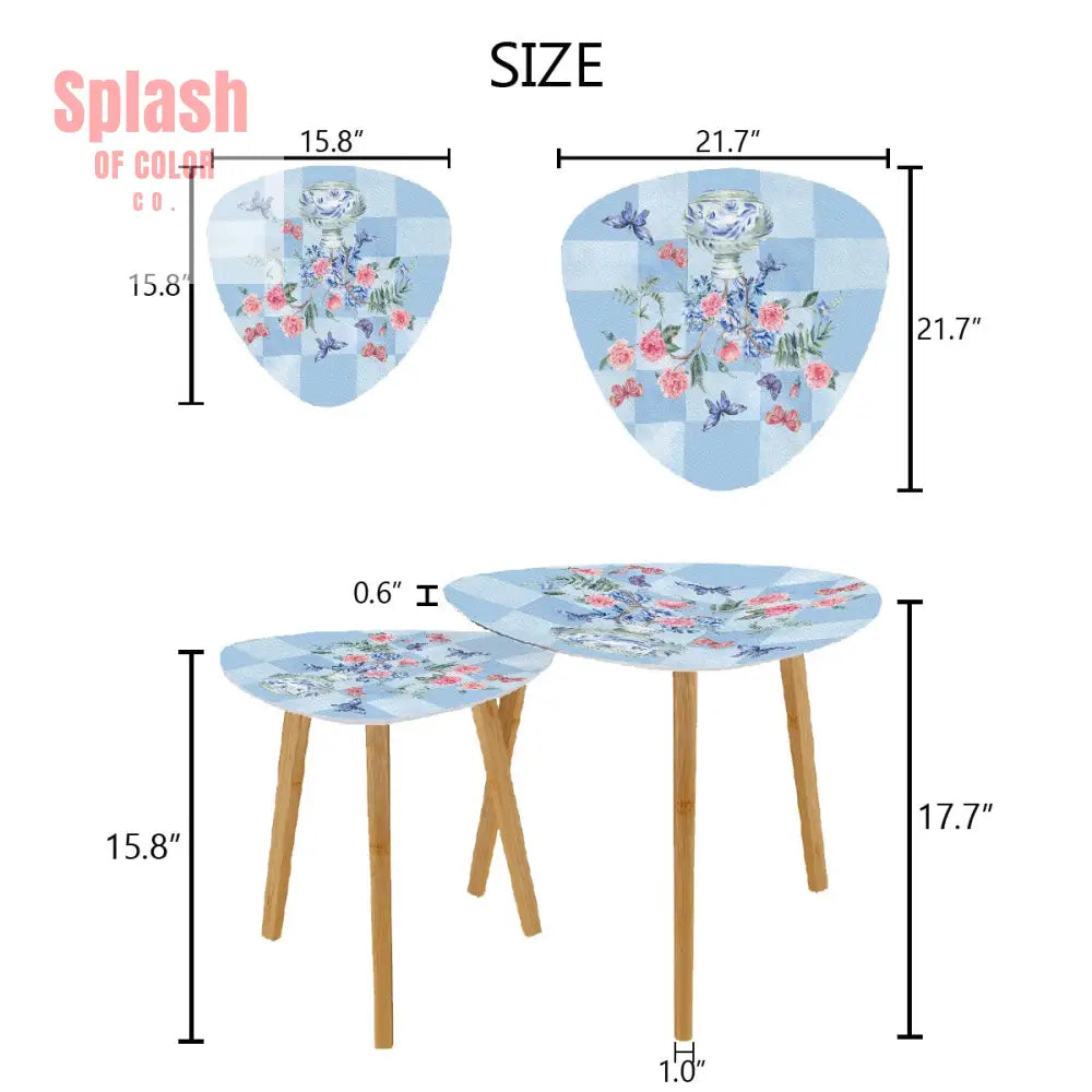 Asian Garden Zen Blue Floral Butterfly Modern Nesting Triangle Coffee Table Set of 2 - One Size - Home Accessories