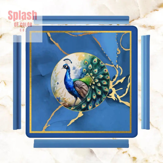 Asian Mahjong Mat Elegant Floral Watercolor Peacock Blue Gold Marble Mahj Mat - 31.5’’x31.5’’ - Daily Accessories
