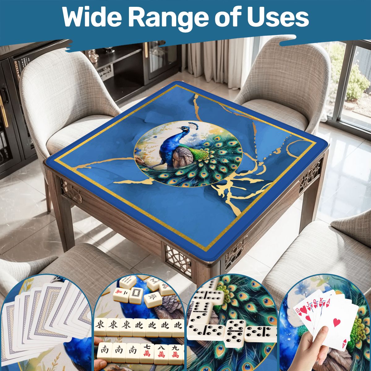 Asian Mahjong Mat Elegant Floral Watercolor Peacock Blue Gold Marble Mahj Mat - 31.5’’x31.5’’ - Daily Accessories