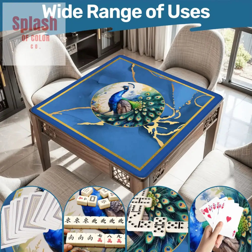 Asian Mahjong Mat Elegant Floral Watercolor Peacock Blue Gold Marble Mahj Mat - 31.5’’x31.5’’ - Daily Accessories