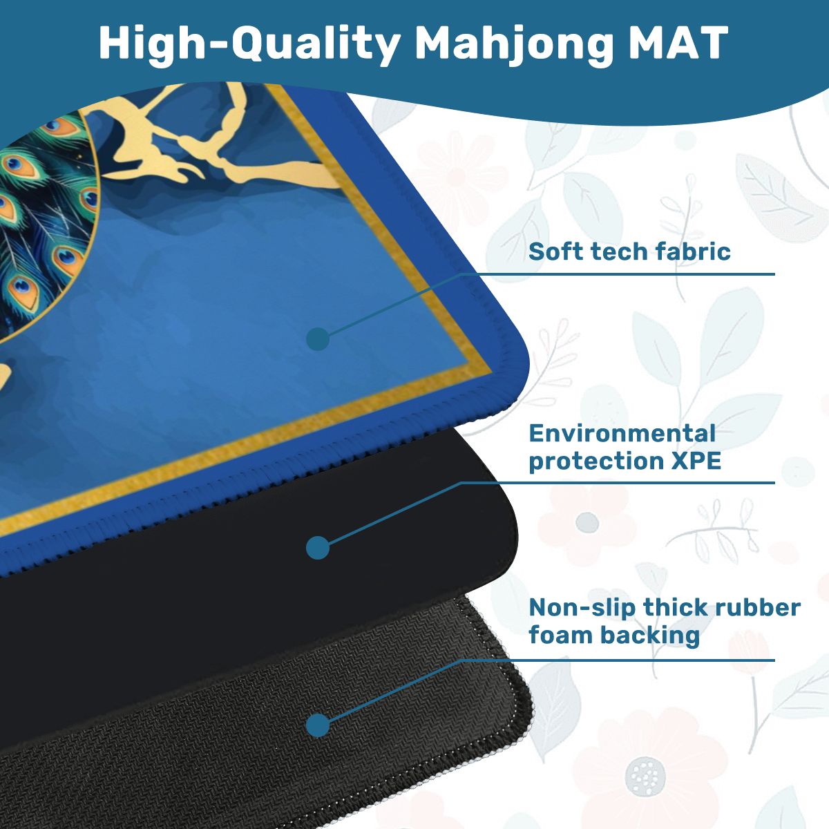 Asian Mahjong Mat Elegant Floral Watercolor Peacock Blue Gold Marble Mahj Mat - 31.5’’x31.5’’ - Daily Accessories