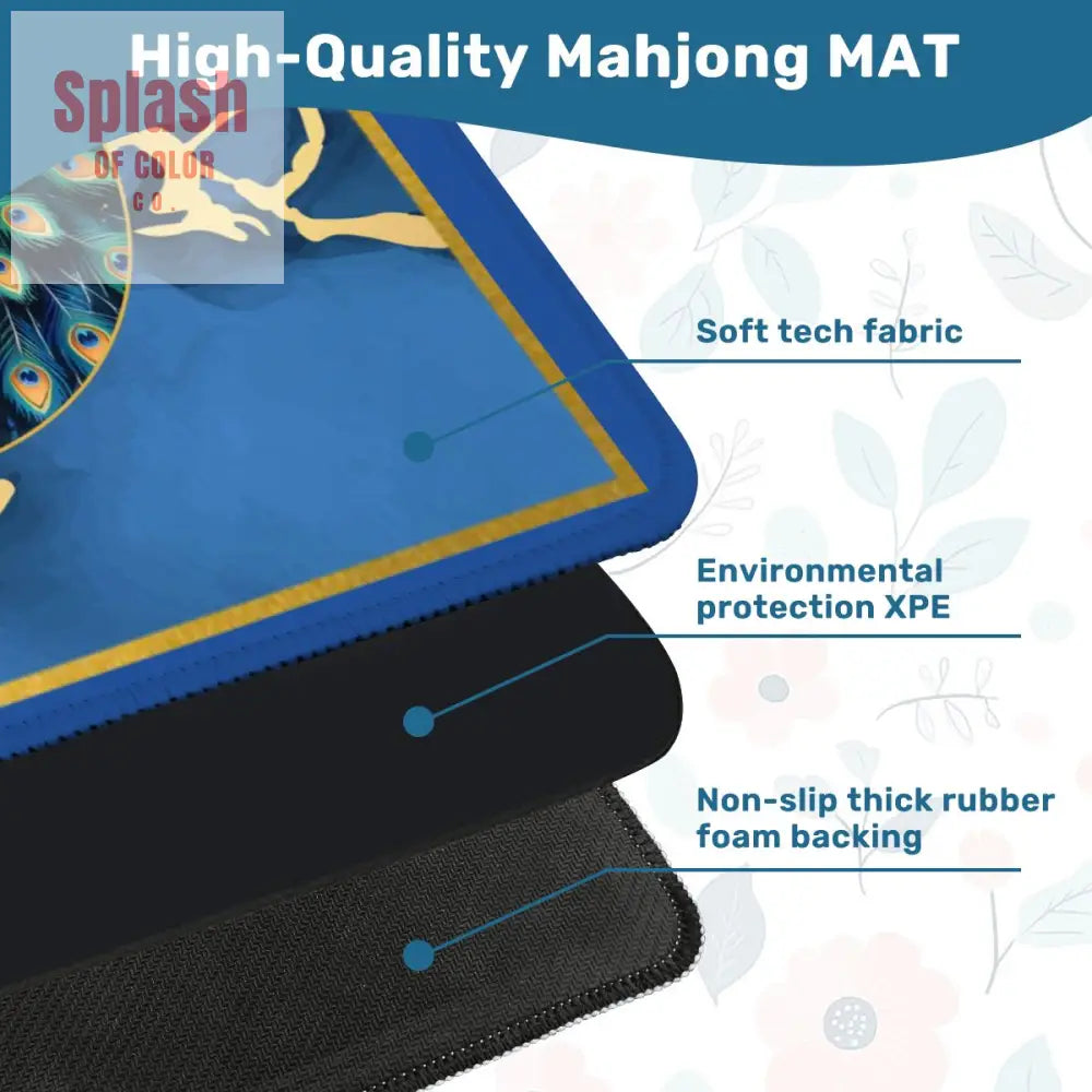 Asian Mahjong Mat Elegant Floral Watercolor Peacock Blue Gold Marble Mahj Mat - 31.5’’x31.5’’ - Daily Accessories