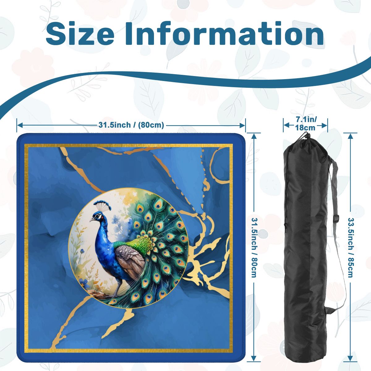 Asian Mahjong Mat Elegant Floral Watercolor Peacock Blue Gold Marble Mahj Mat - 31.5’’x31.5’’ - Daily Accessories