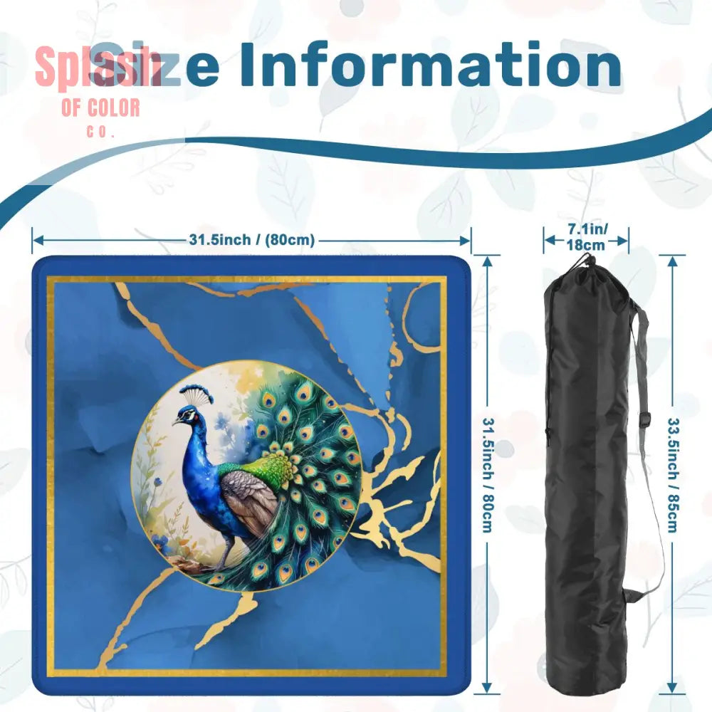 Asian Mahjong Mat Elegant Floral Watercolor Peacock Blue Gold Marble Mahj Mat - 31.5’’x31.5’’ - Daily Accessories