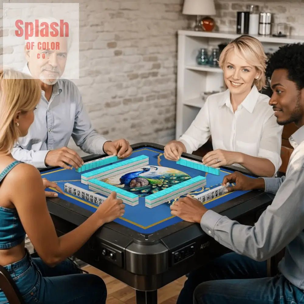 Asian Mahjong Mat Elegant Floral Watercolor Peacock Blue Gold Marble Mahj Mat - 31.5’’x31.5’’ - Daily Accessories