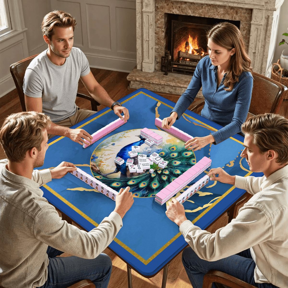 Asian Mahjong Mat Elegant Floral Watercolor Peacock Blue Gold Marble Mahj Mat - 31.5’’x31.5’’ - Daily Accessories