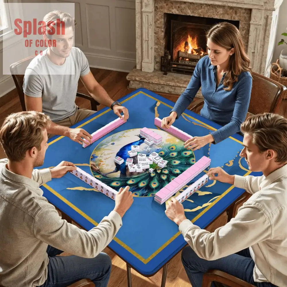 Asian Mahjong Mat Elegant Floral Watercolor Peacock Blue Gold Marble Mahj Mat - 31.5’’x31.5’’ - Daily Accessories