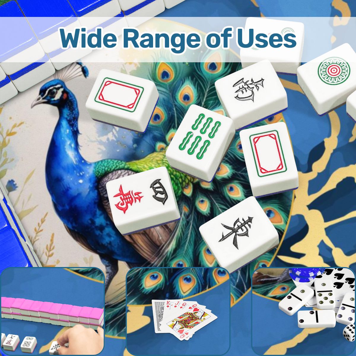 Asian Mahjong Mat Elegant Floral Watercolor Peacock Blue Gold Marble Mahj Mat - 31.5’’x31.5’’ - Daily Accessories