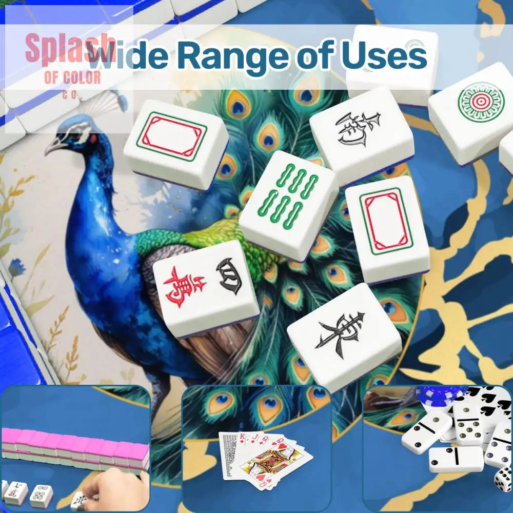 Asian Mahjong Mat Elegant Floral Watercolor Peacock Blue Gold Marble Mahj Mat - 31.5’’x31.5’’ - Daily Accessories
