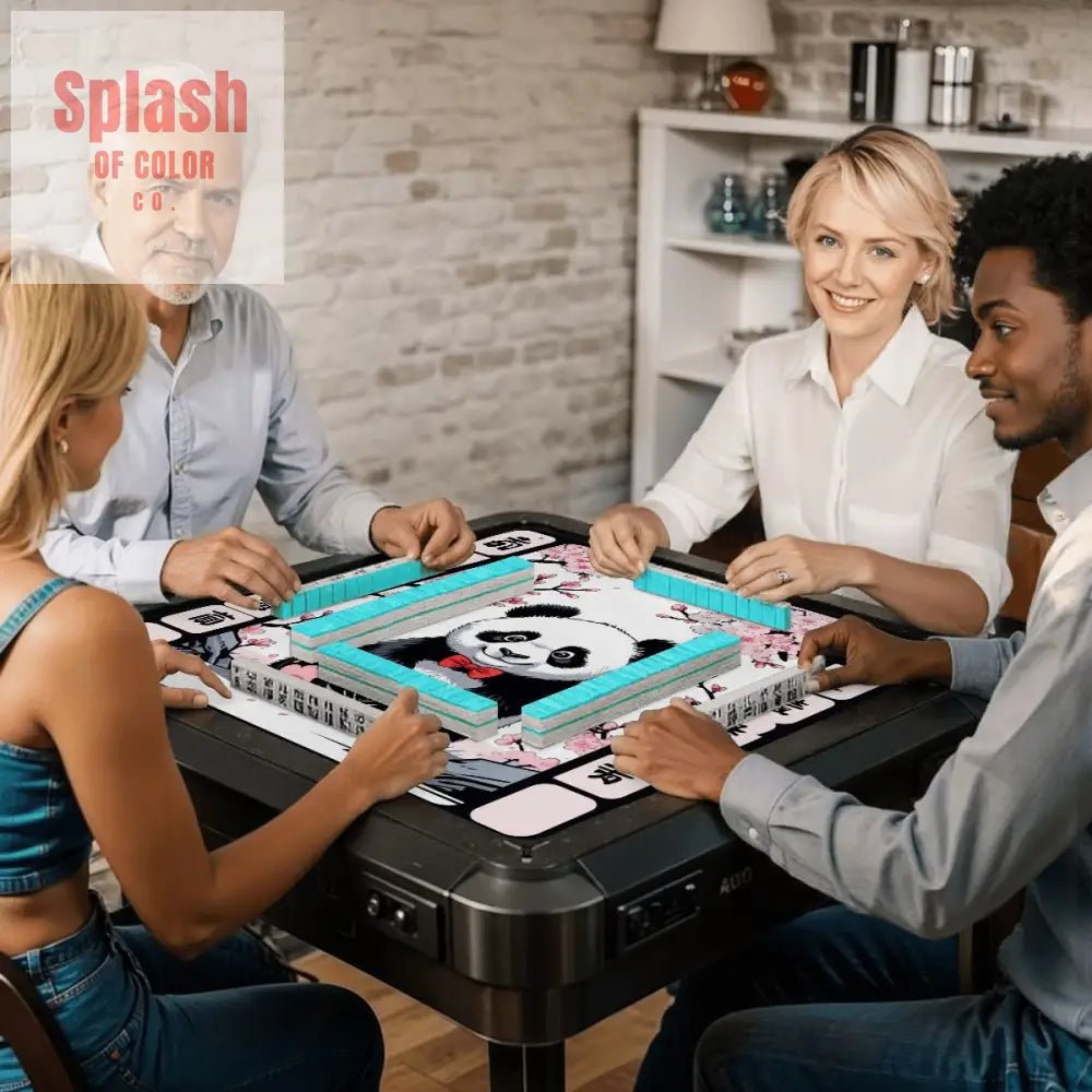 Asian Panda Bear Black Pink Cherry Blossom Mahjong Mat - 31.5’’x31.5’’ - Daily Accessories