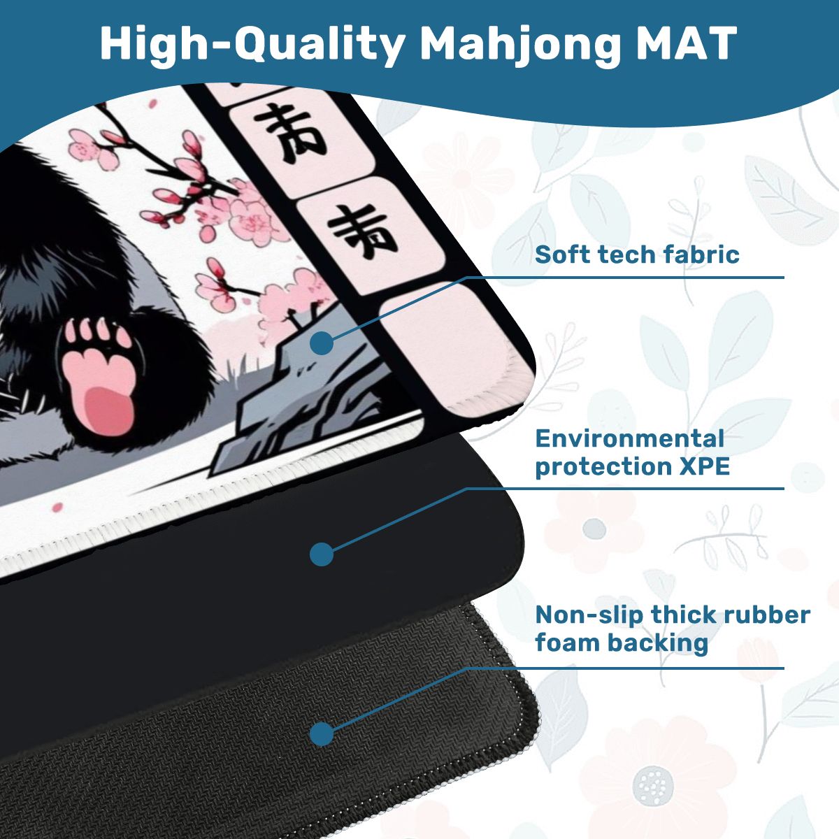 Asian Panda Bear Black Pink Cherry Blossom Mahjong Mat - 31.5’’x31.5’’ - Daily Accessories
