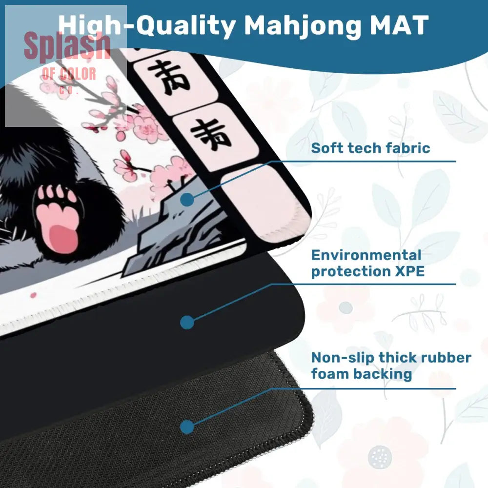 Asian Panda Bear Black Pink Cherry Blossom Mahjong Mat - 31.5’’x31.5’’ - Daily Accessories